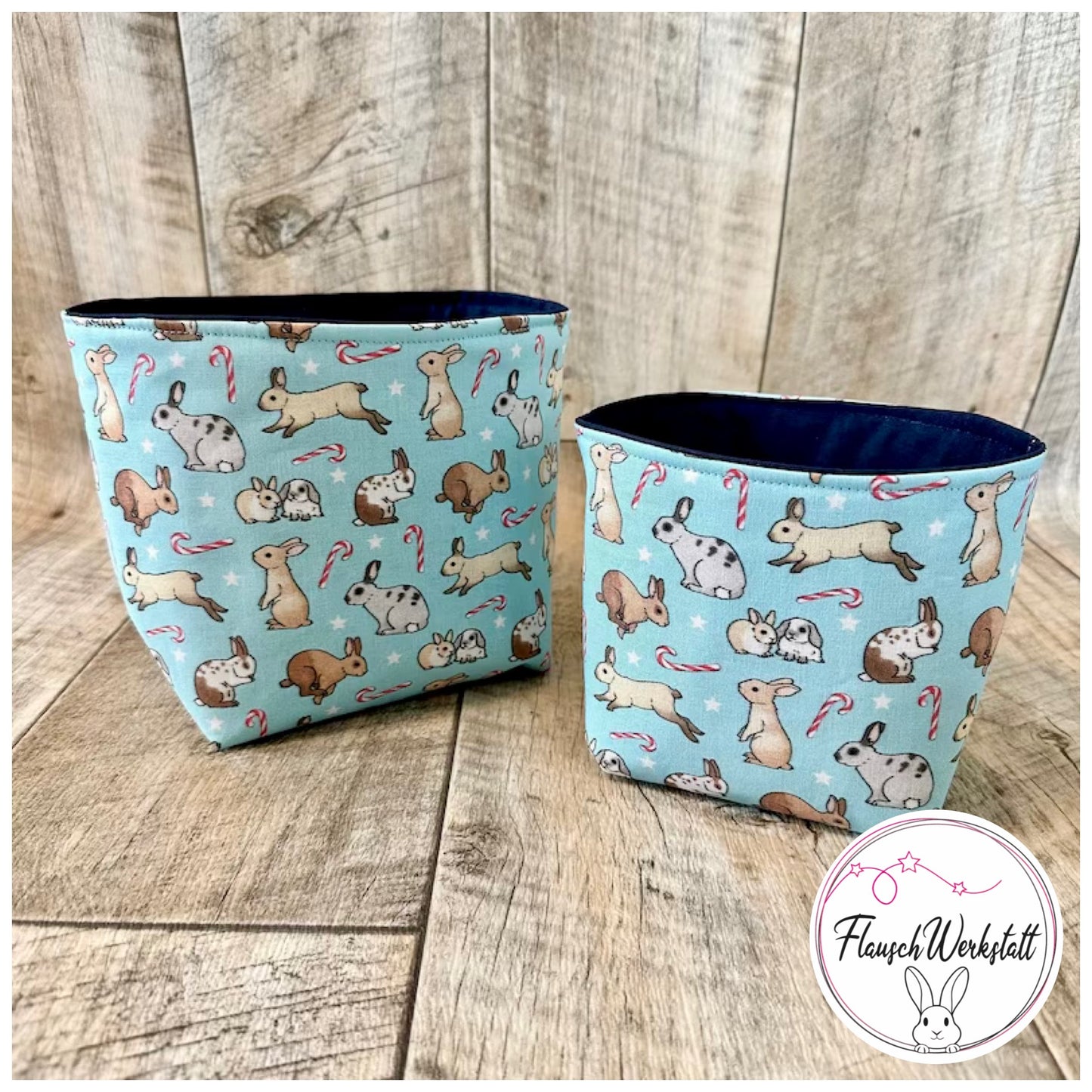 Stoffkörbchen "Kaninchen Weihnachten Blau"