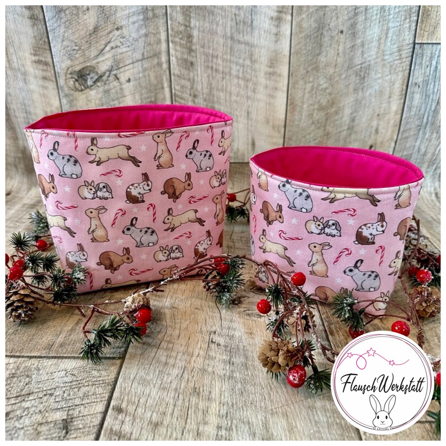 Utensilo / Stoffkorb / Hase / Kaninchen  / Weihnachten / Nikolaus / Geschenk / Minilop / Zuckerstange / Rosa / Pink